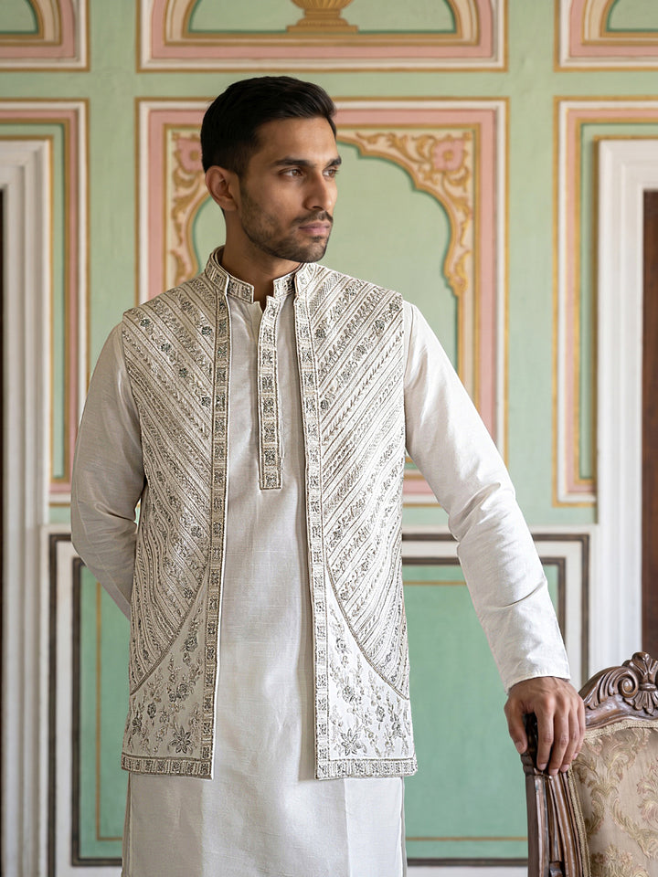 Silk Blend Embroidered Kurta Pyjama &amp; Waistcoat Set