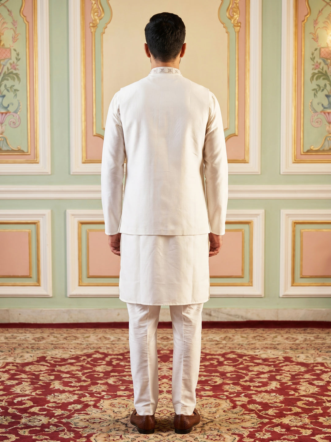 Silk Blend Embroidered Kurta Pyjama &amp; Waistcoat Set