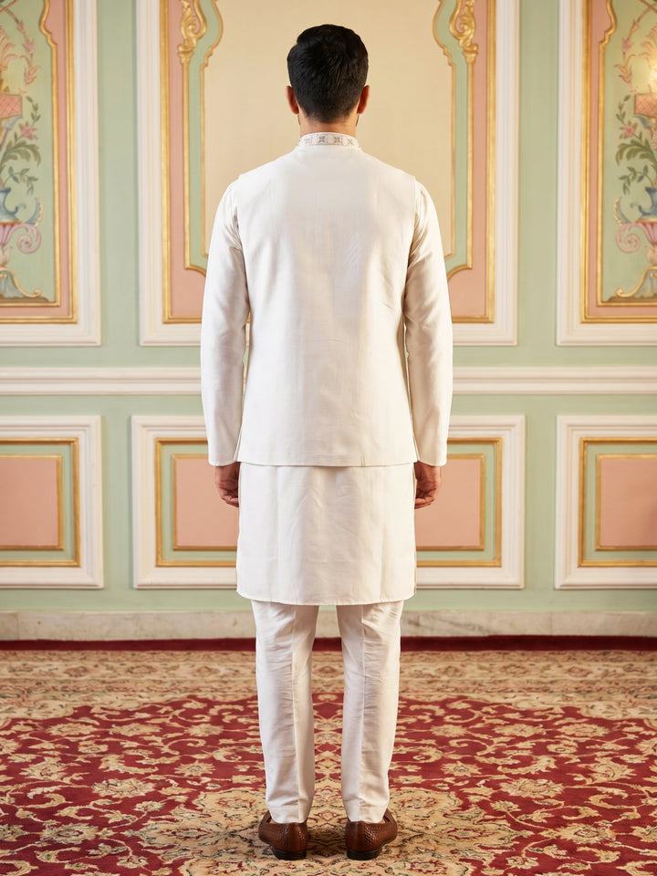 Silk Blend Embroidered Kurta Pyjama &amp; Waistcoat Set