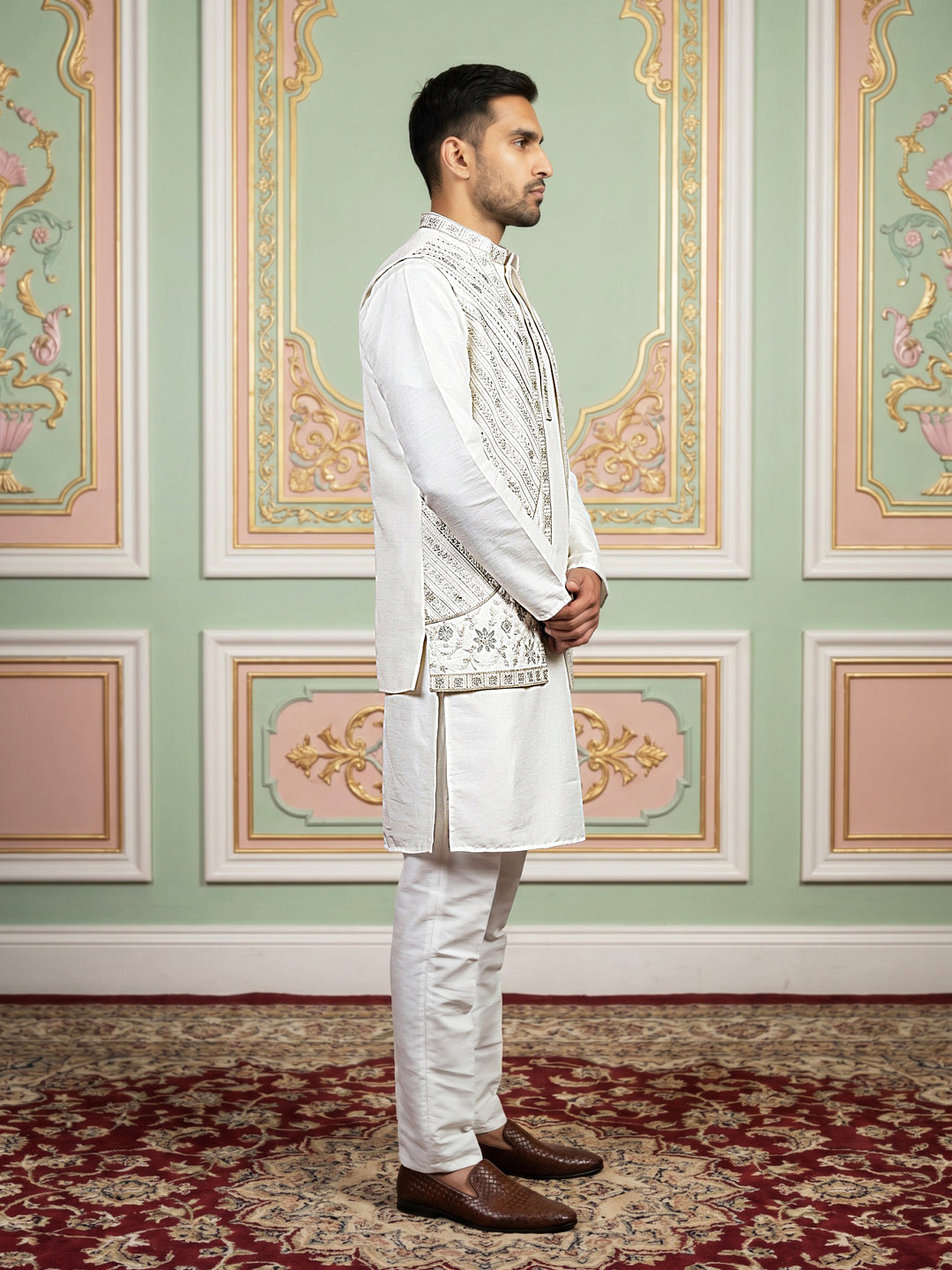 Silk Blend Embroidered Kurta Pyjama &amp; Waistcoat Set