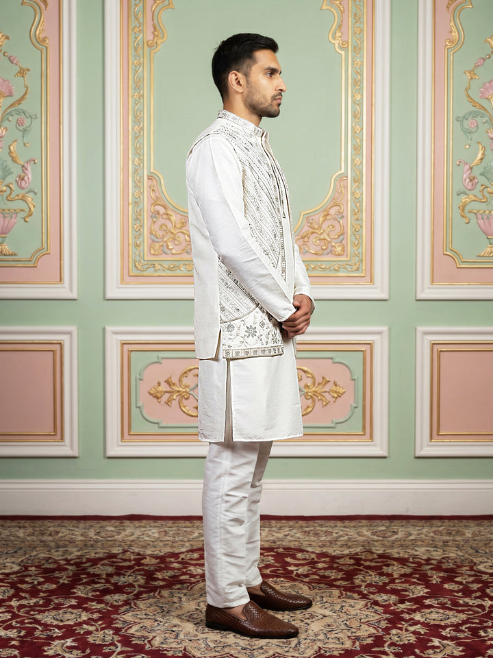 Silk Blend Embroidered Kurta Pyjama &amp; Waistcoat Set