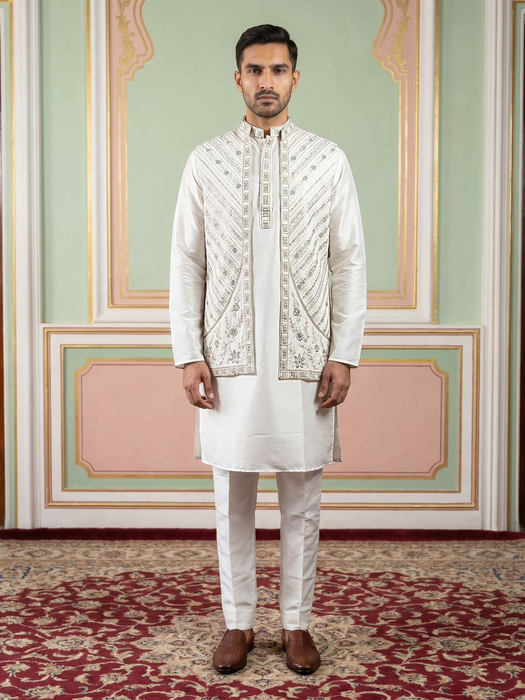 Silk Blend Embroidered Kurta Pyjama &amp; Waistcoat Set