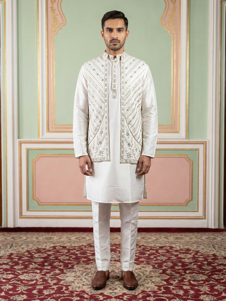 Silk Blend Embroidered Kurta Pyjama &amp; Waistcoat Set