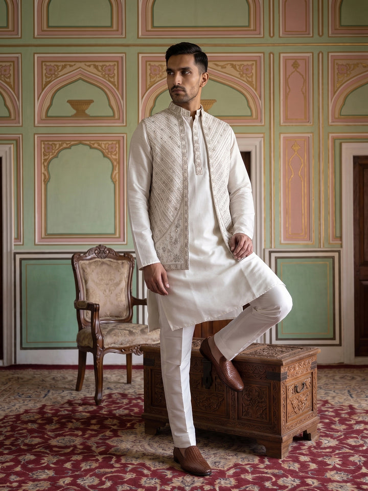 Silk Blend Embroidered Kurta Pyjama &amp; Waistcoat Set