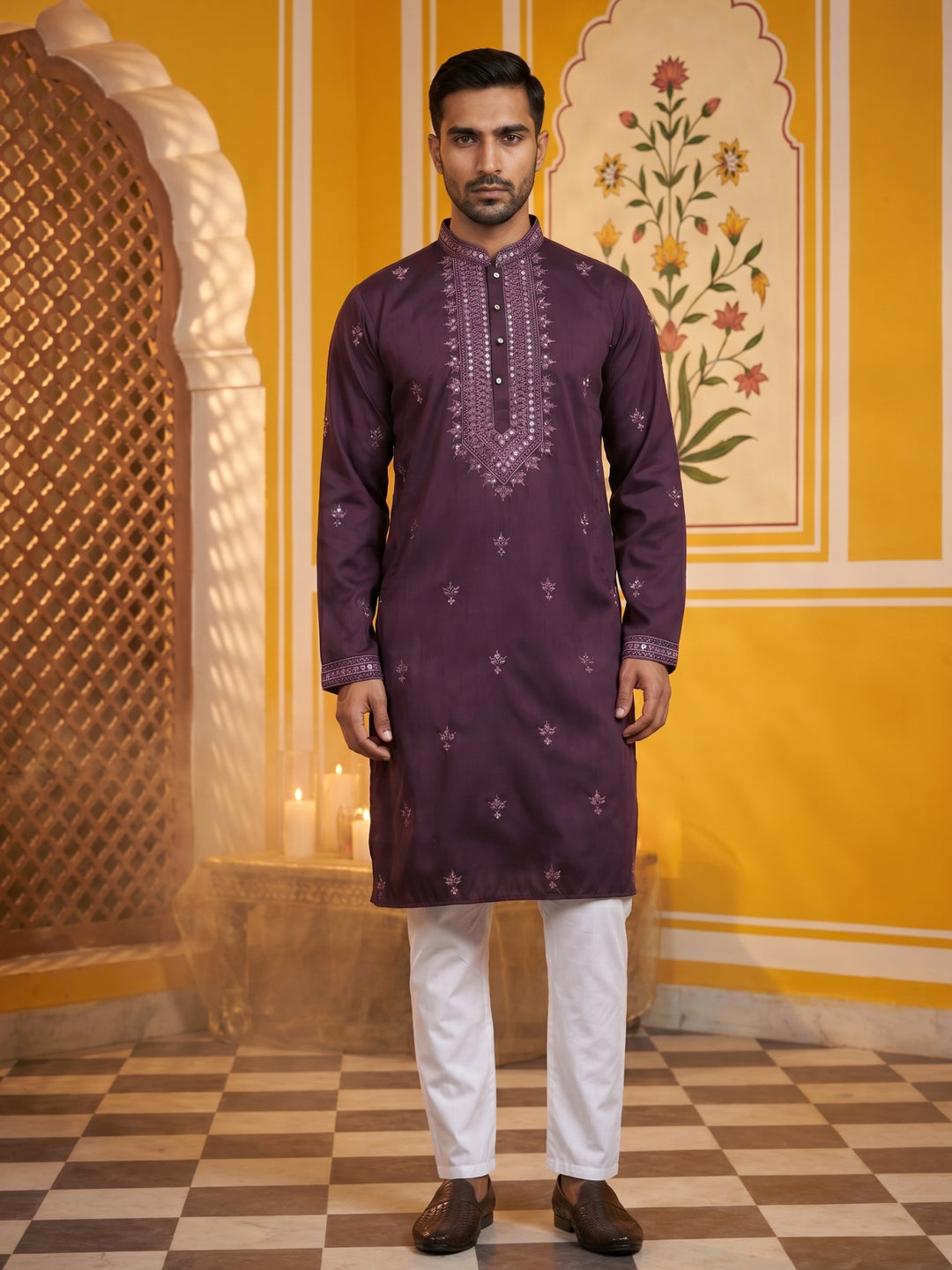 Festive Wear Silk Blend Embroidered Kurta Pyjama