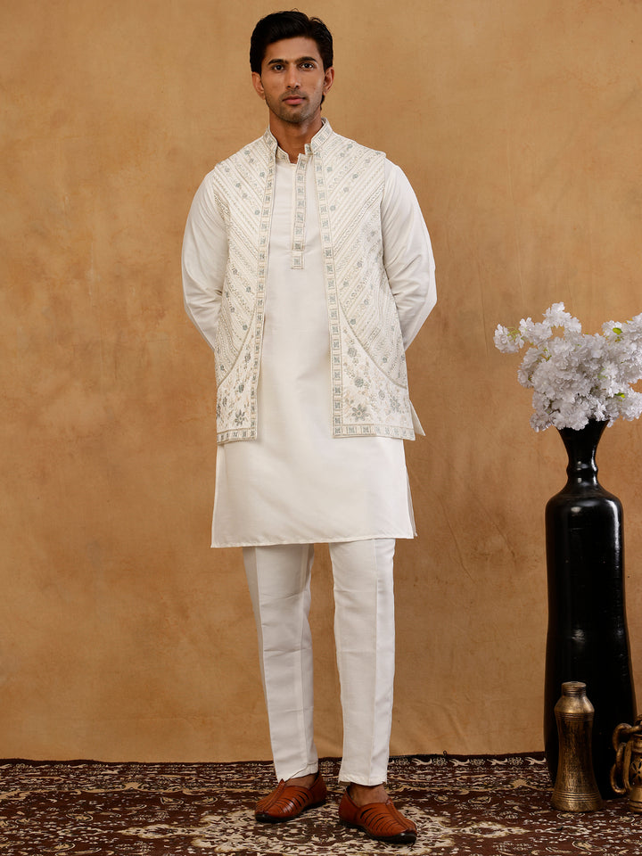 Silk Blend Embroidered Kurta Pyjama &amp; Waistcoat Set