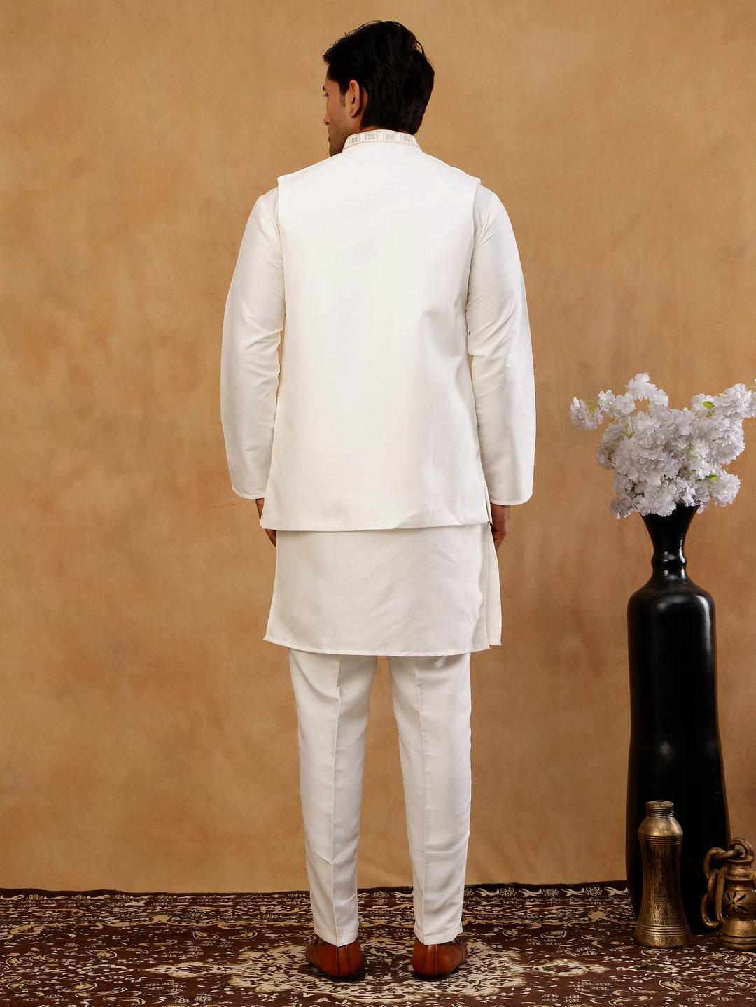 Silk Blend Embroidered Kurta Pyjama &amp; Waistcoat Set