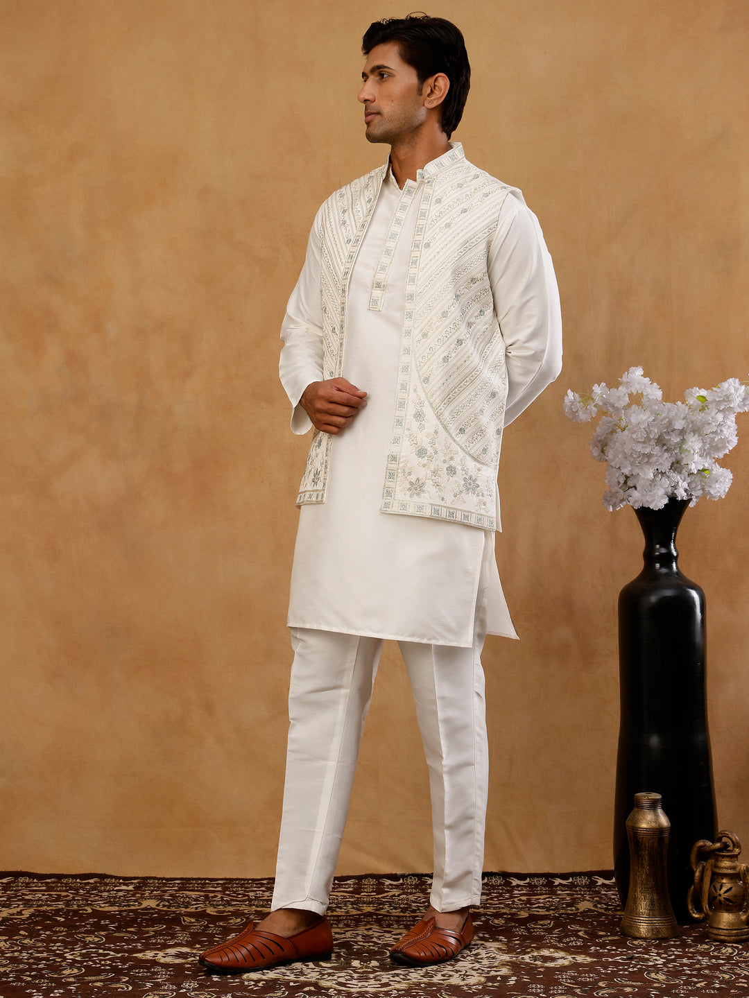 Silk Blend Embroidered Kurta Pyjama &amp; Waistcoat Set