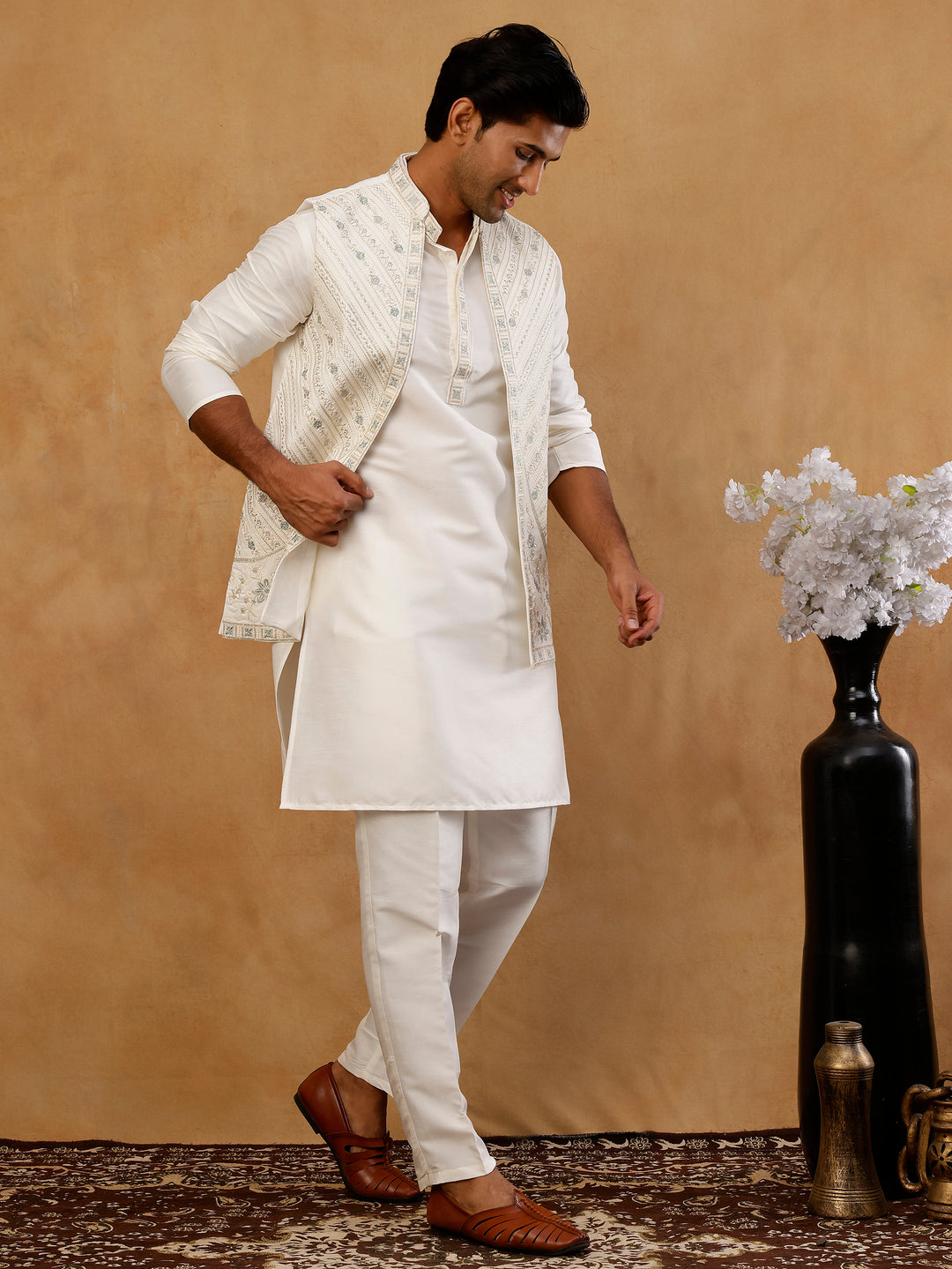 Silk Blend Embroidered Kurta Pyjama &amp; Waistcoat Set