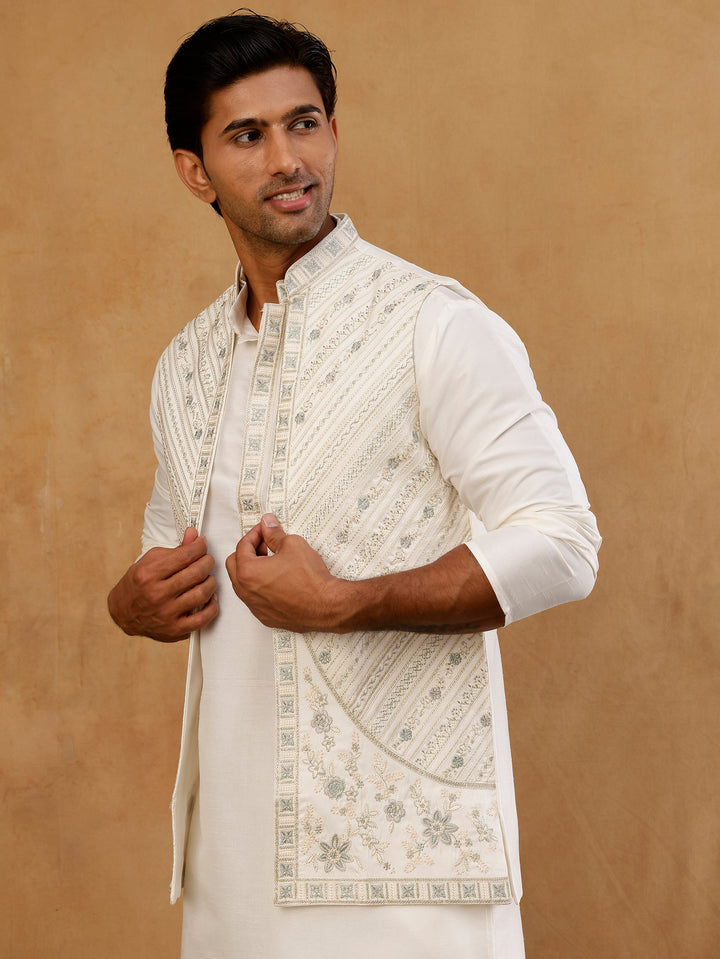 Silk Blend Embroidered Kurta Pyjama &amp; Waistcoat Set