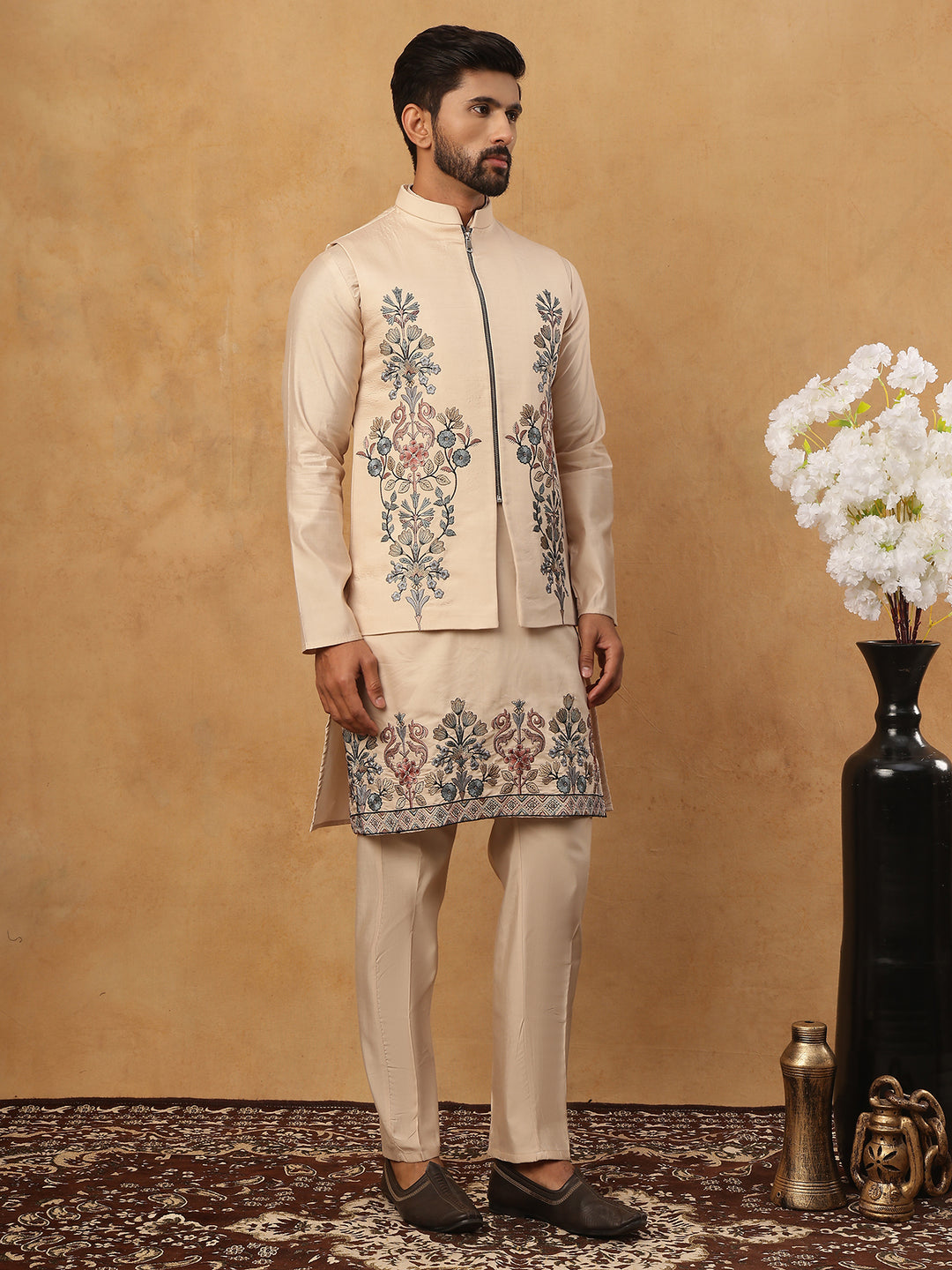 Silk Blend Embroidered Kurta Pyjama Waistcoat Set
