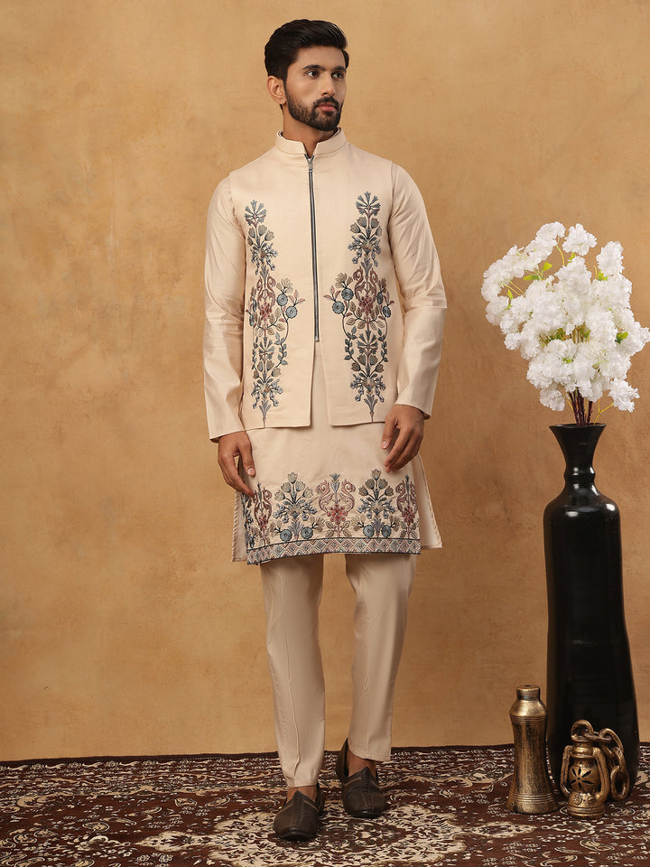 Silk Blend Embroidered Kurta Pyjama Waistcoat Set