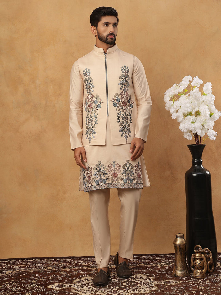 Silk Blend Embroidered Kurta Pyjama Waistcoat Set