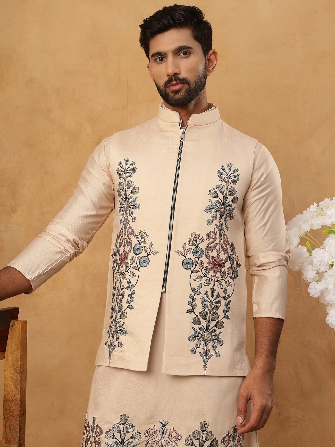 Silk Blend Embroidered Kurta Pyjama Waistcoat Set