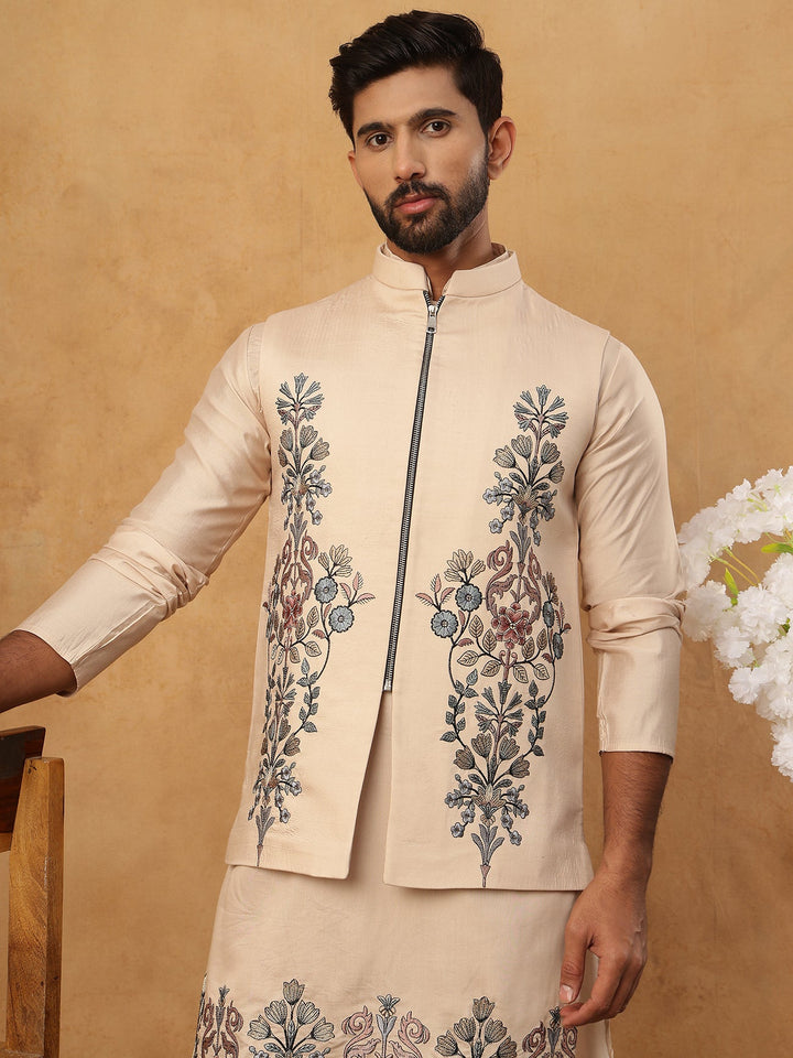 Silk Blend Embroidered Kurta Pyjama Waistcoat Set