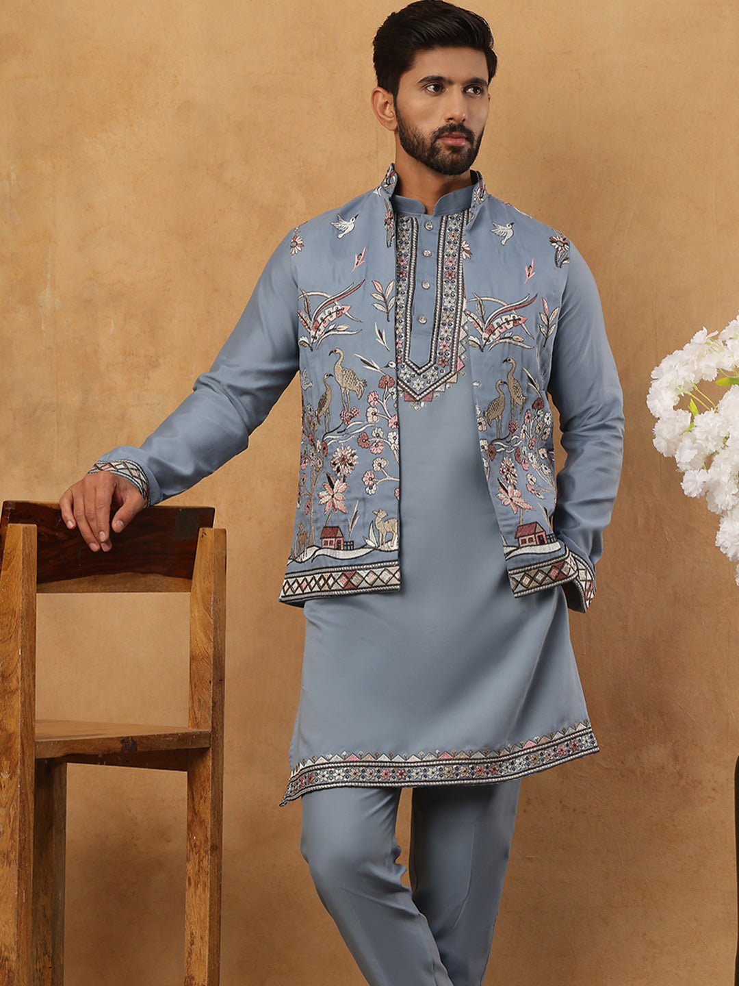Silk Blend Embroidered Kurta Pyjama Waistcoat Set