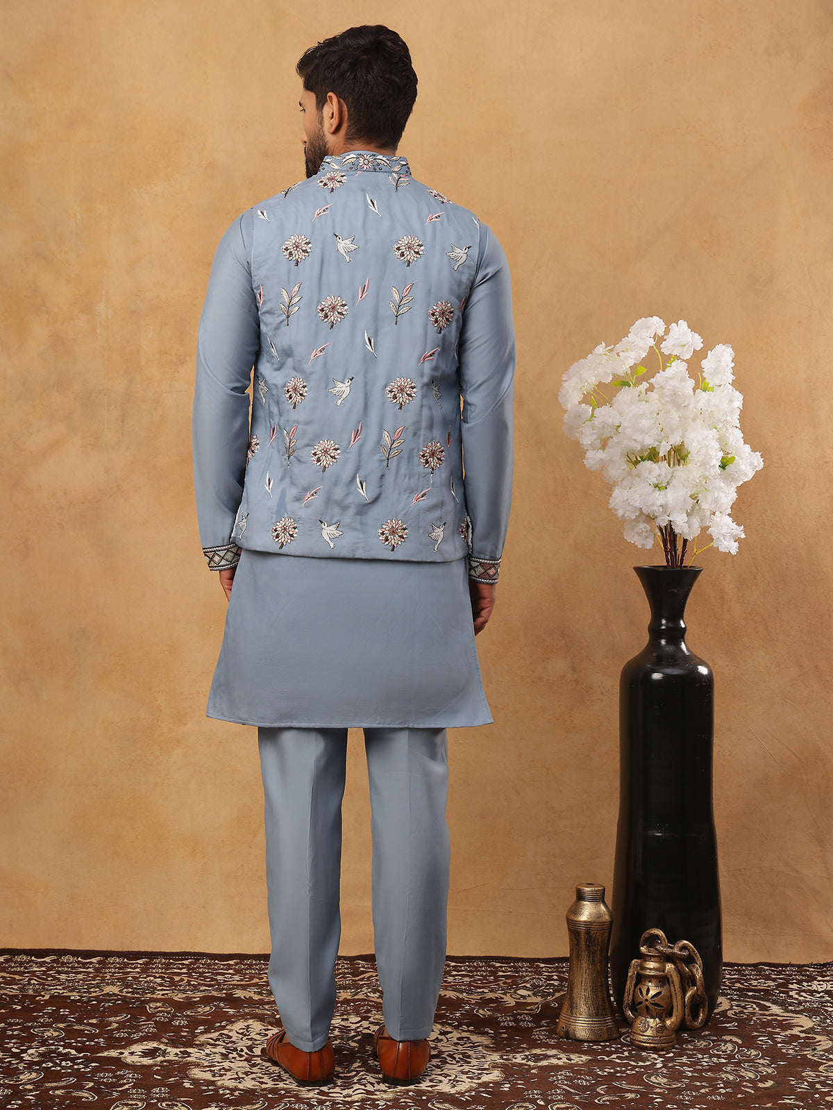Silk Blend Embroidered Kurta Pyjama Waistcoat Set