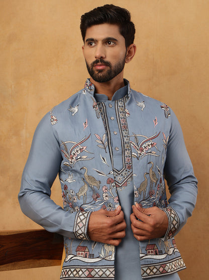 Silk Blend Embroidered Kurta Pyjama Waistcoat Set