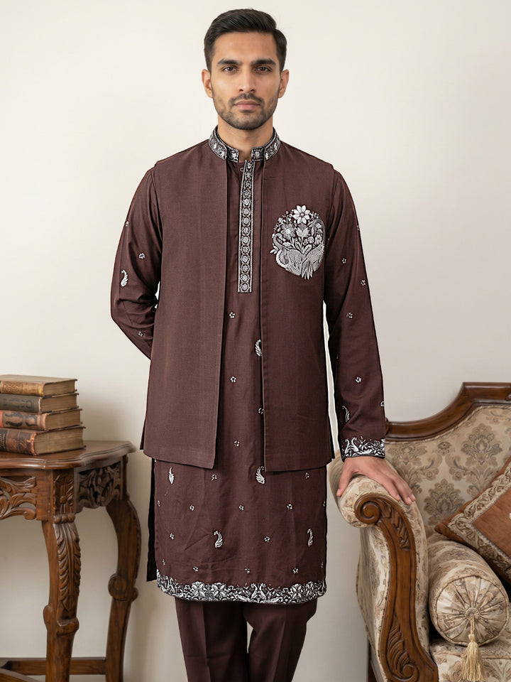 Japanese Fabric Floral Embroidered Kurta Pyjama &amp; Waistcoat Set