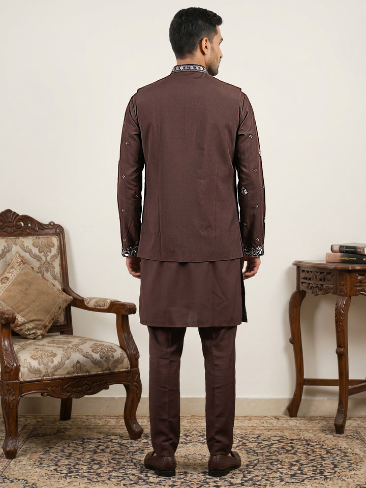 Japanese Fabric Floral Embroidered Kurta Pyjama &amp; Waistcoat Set