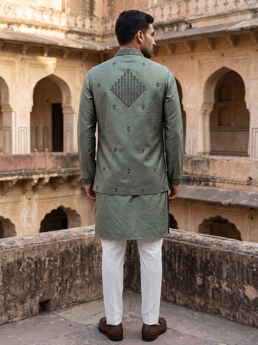 Silk Blend Embroidered Kurta Pyjama &amp; Waistcoat Set