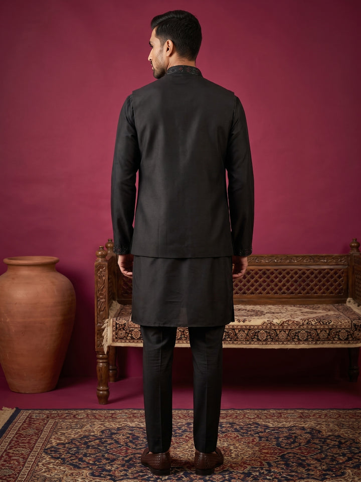 Cotton Blend Embroidered Kurta Pyjama &amp; Waistcoat Set