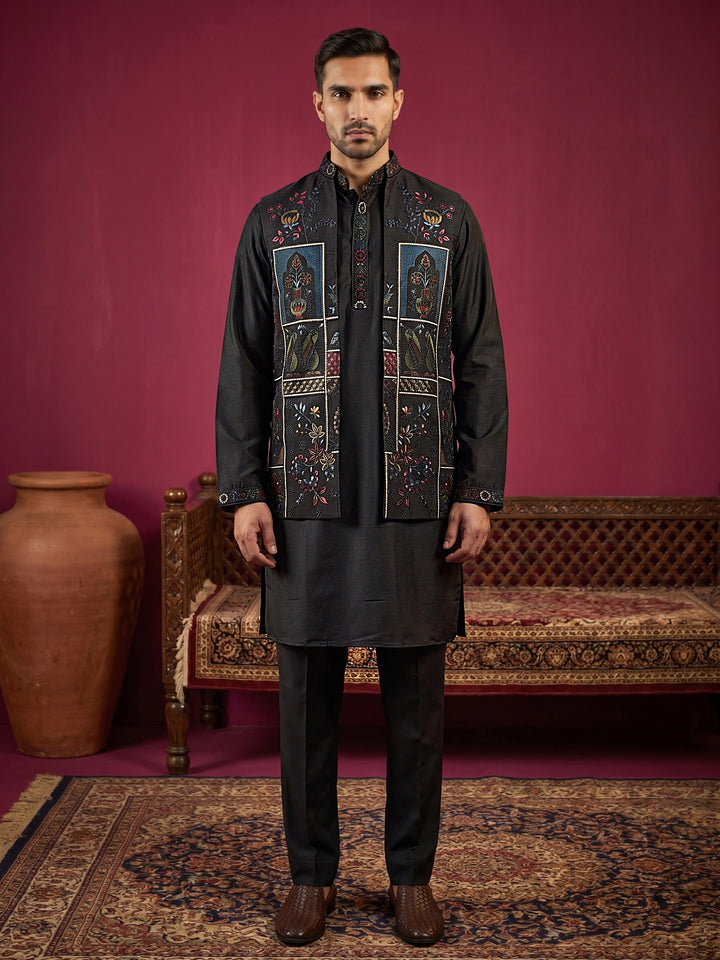 Cotton Blend Embroidered Kurta Pyjama &amp; Waistcoat Set