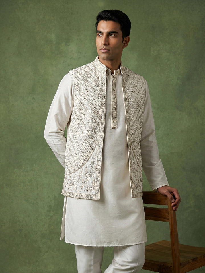 Silk Blend Embroidered Kurta Pyjama &amp; Waistcoat Set