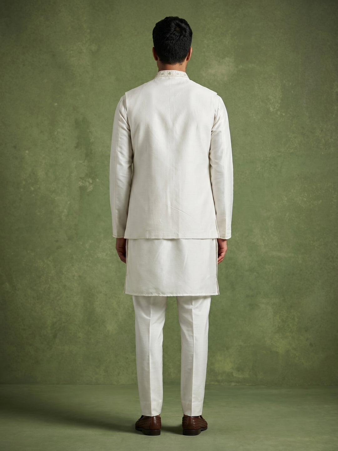 Silk Blend Embroidered Kurta Pyjama &amp; Waistcoat Set