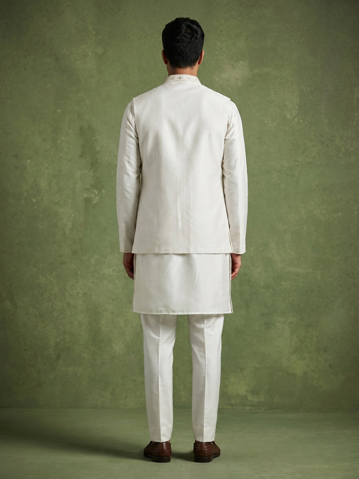 Silk Blend Embroidered Kurta Pyjama &amp; Waistcoat Set