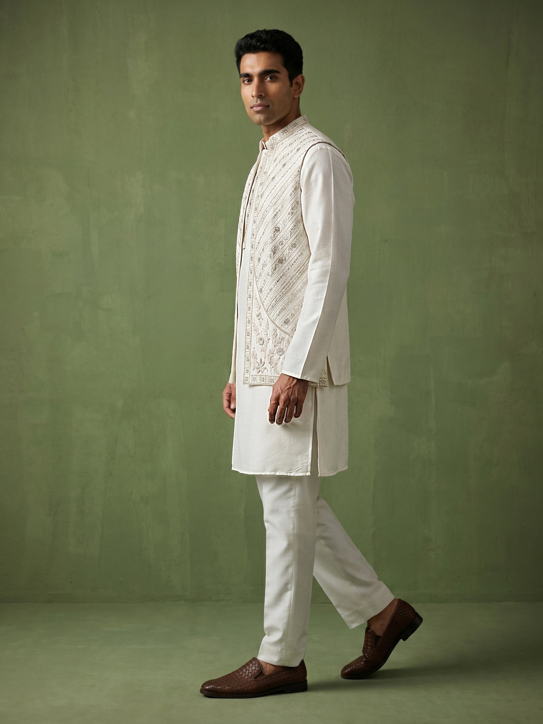 Silk Blend Embroidered Kurta Pyjama &amp; Waistcoat Set