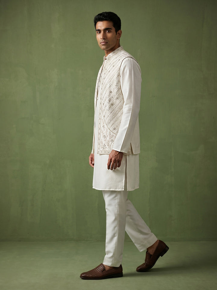 Silk Blend Embroidered Kurta Pyjama &amp; Waistcoat Set