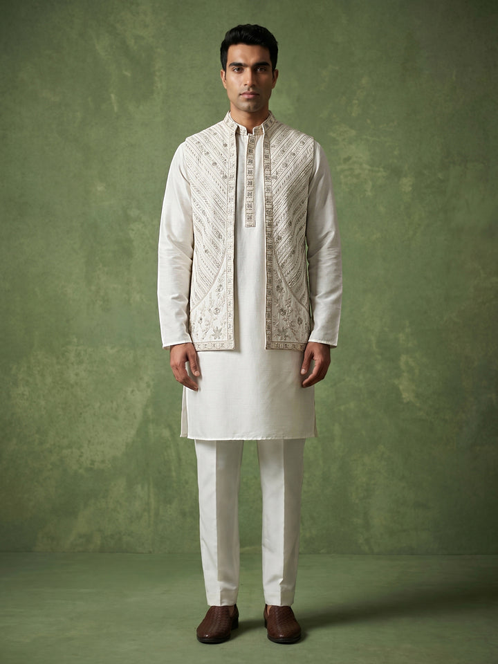 Silk Blend Embroidered Kurta Pyjama &amp; Waistcoat Set