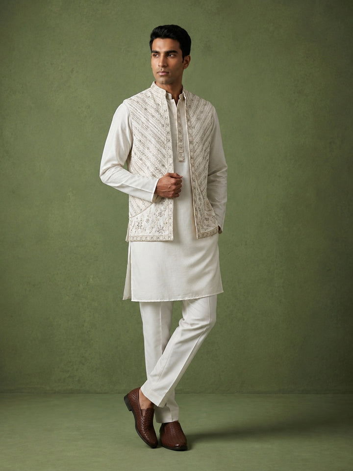 Silk Blend Embroidered Kurta Pyjama &amp; Waistcoat Set