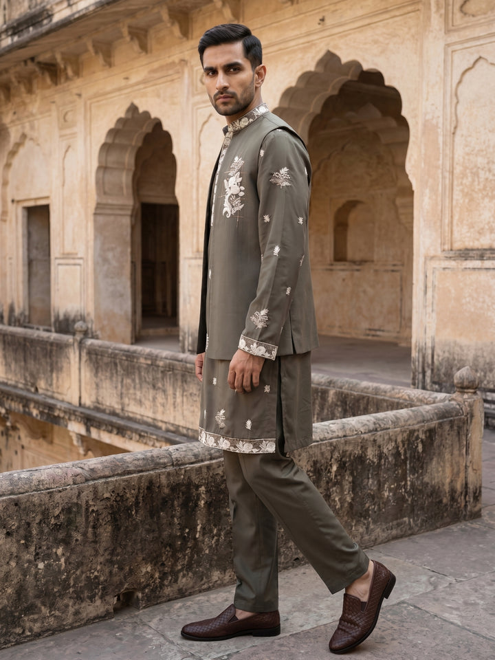 Japanese Fabric Floral Embroidered Kurta Pyjama &amp; Waistcoat Set
