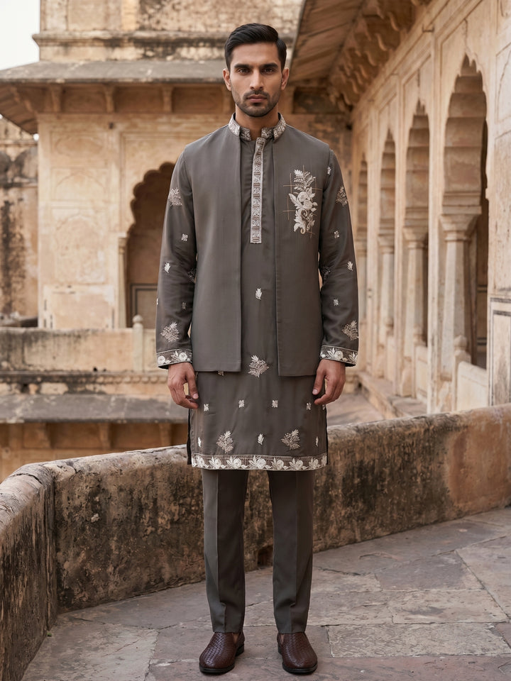 Japanese Fabric Floral Embroidered Kurta Pyjama &amp; Waistcoat Set