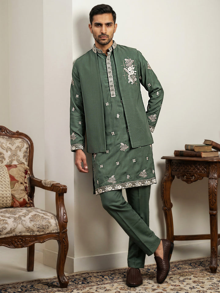 Japanese Fabric Floral Embroidered Kurta Pyjama &amp; Waistcoat Set