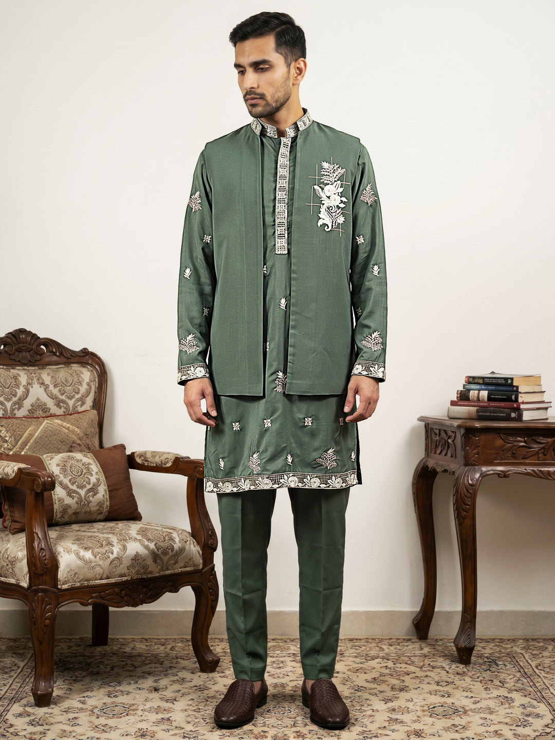Japanese Fabric Floral Embroidered Kurta Pyjama &amp; Waistcoat Set