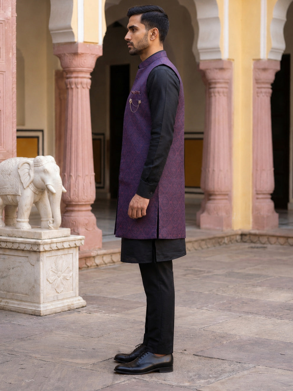 Jacquard Woven Silk Blend Waistcoat Kurta Set