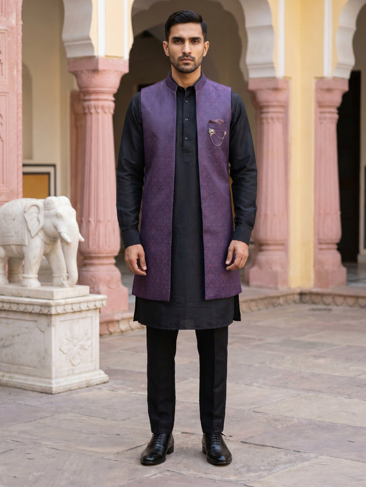 Jacquard Woven Silk Blend Waistcoat Kurta Set