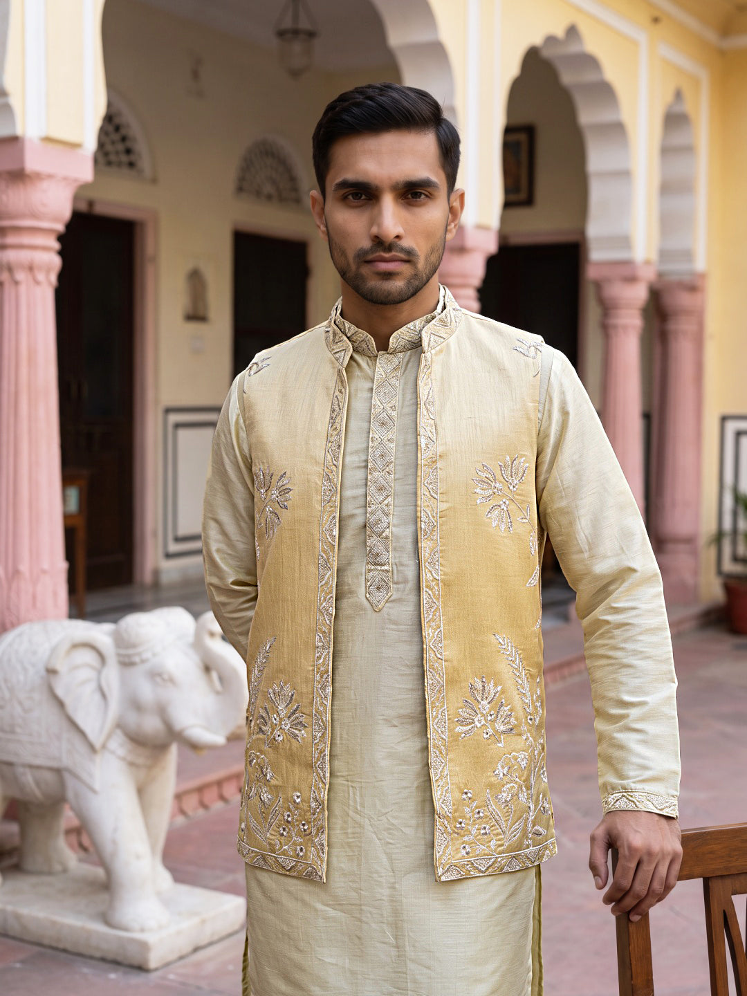 Men Silk Blend Embroidered Kurta Pyjama With Waistcoat Set