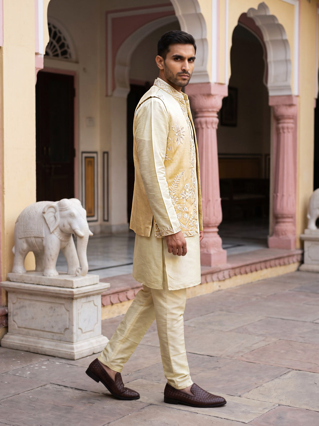Men Silk Blend Embroidered Kurta Pyjama With Waistcoat Set