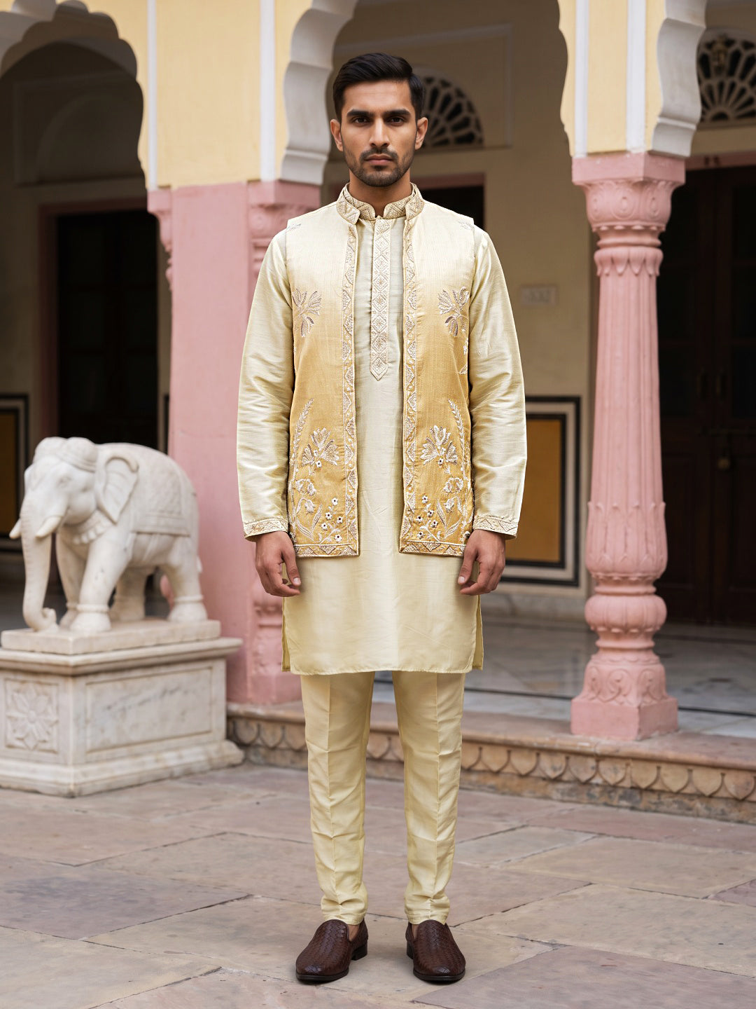 Men Silk Blend Embroidered Kurta Pyjama With Waistcoat Set