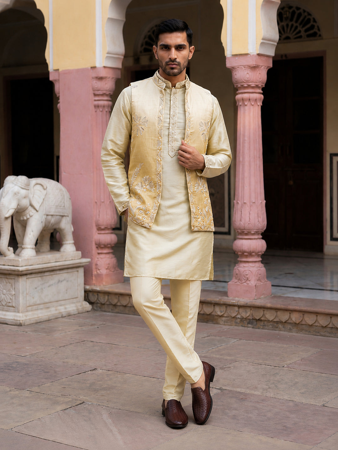 Men Silk Blend Embroidered Kurta Pyjama With Waistcoat Set