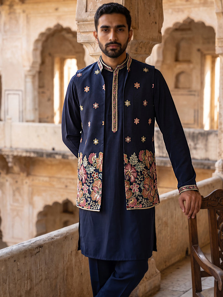 Japanese Fabric Embroidered Kurta &amp; Waistcoat Set