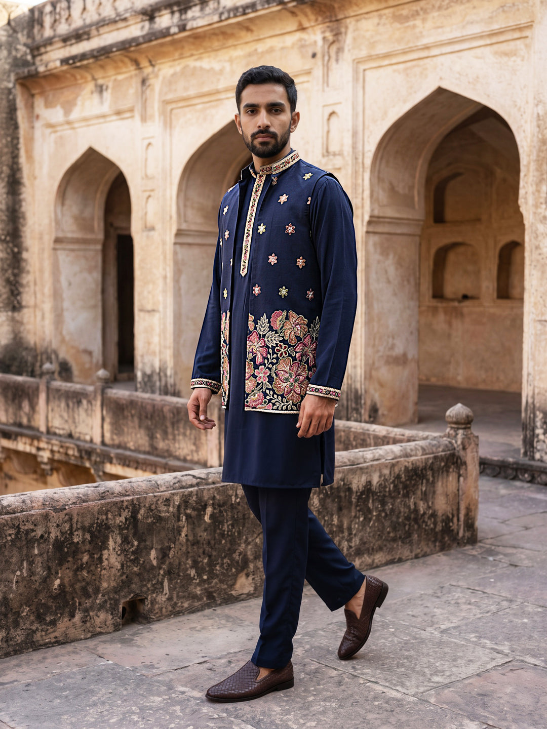Japanese Fabric Embroidered Kurta &amp; Waistcoat Set