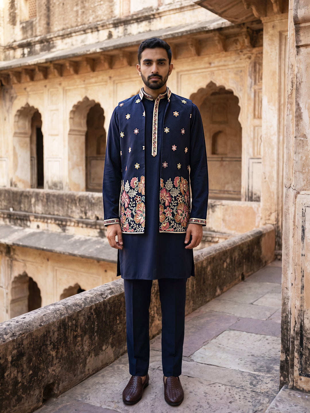 Japanese Fabric Embroidered Kurta &amp; Waistcoat Set