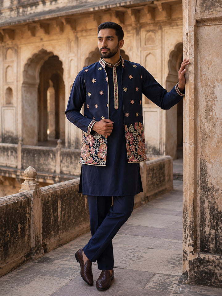 Japanese Fabric Embroidered Kurta &amp; Waistcoat Set