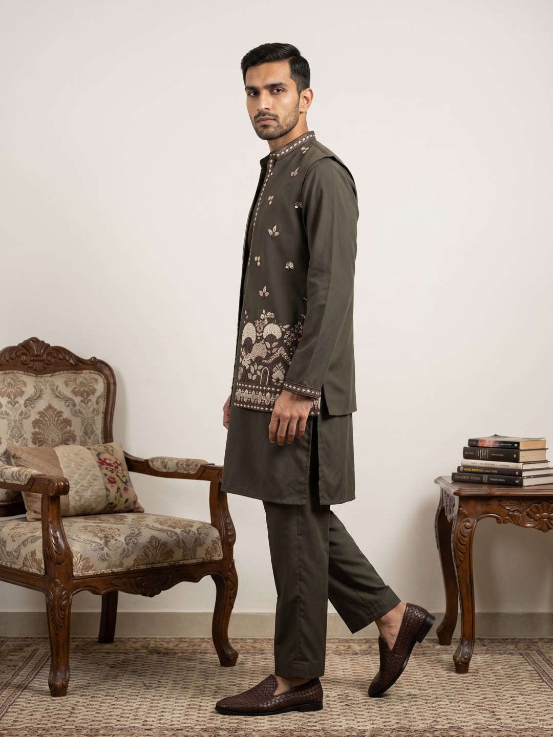 Japanese Fabric Embroidered Kurta &amp; Waistcoat Set