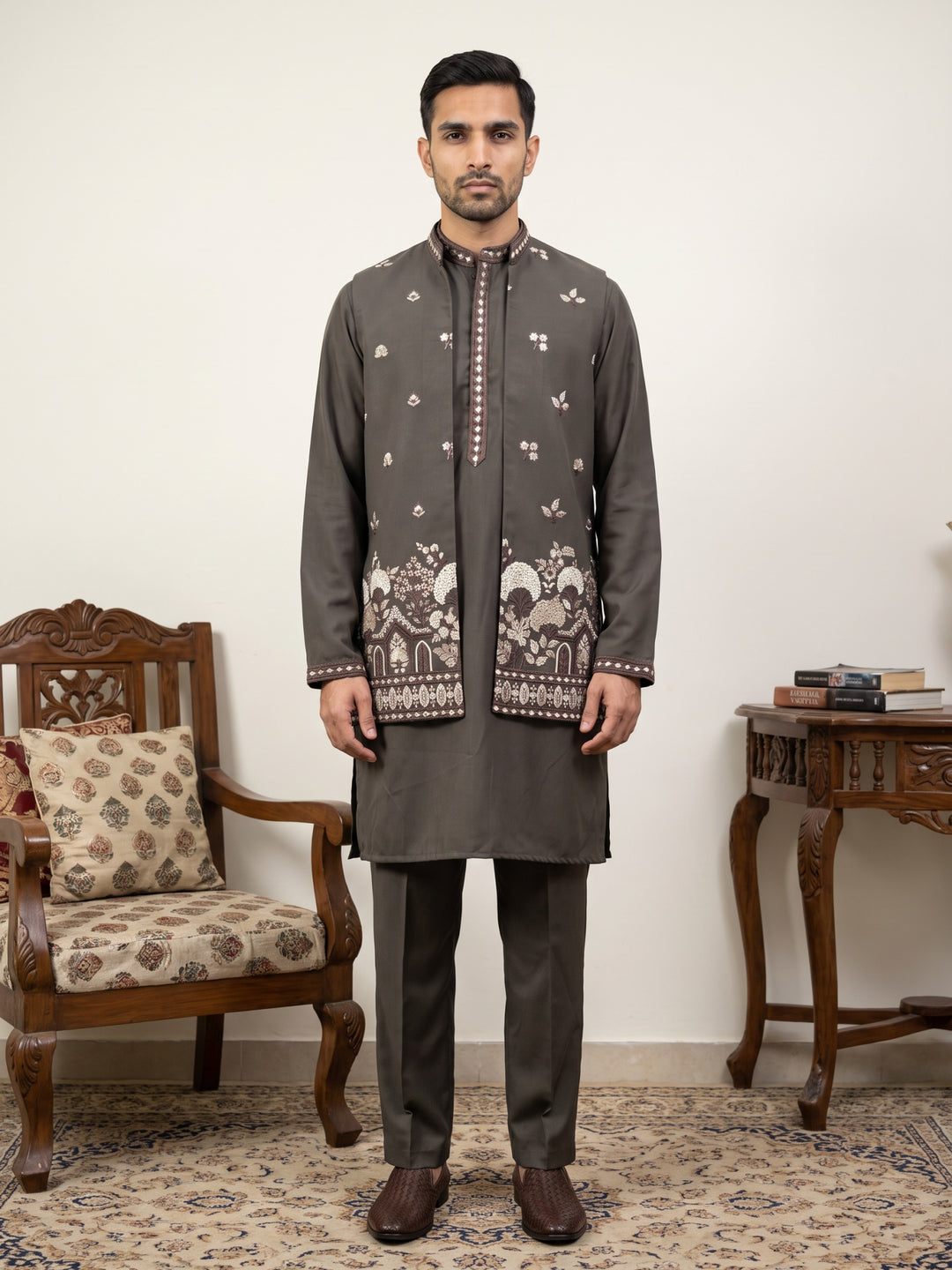 Japanese Fabric Embroidered Kurta &amp; Waistcoat Set